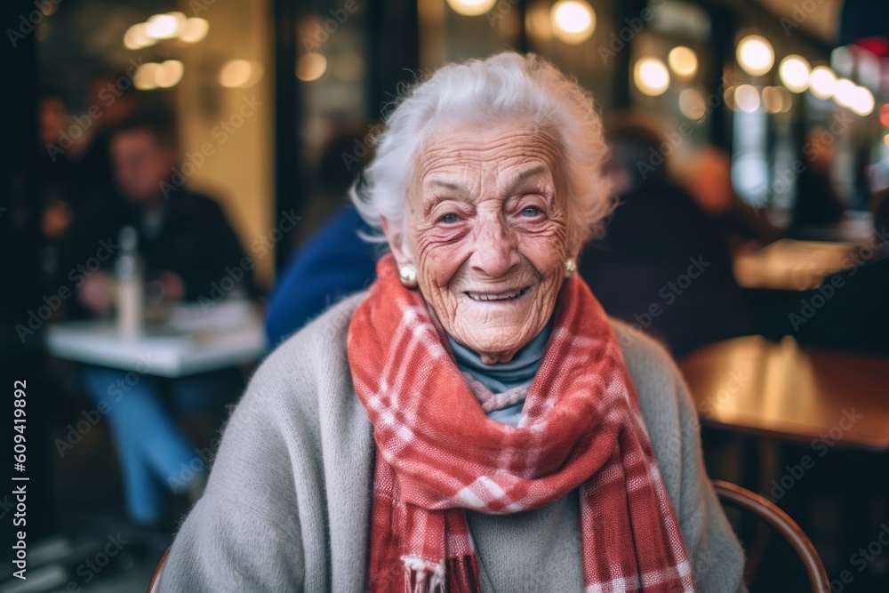 Portrait of an elderly woman sitting in a cafe, smiling. Portrait of an elderly woman sitting in a cafe, smiling.