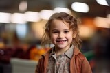 Portrait of a smiling little girl in a shopping mall. Close up.