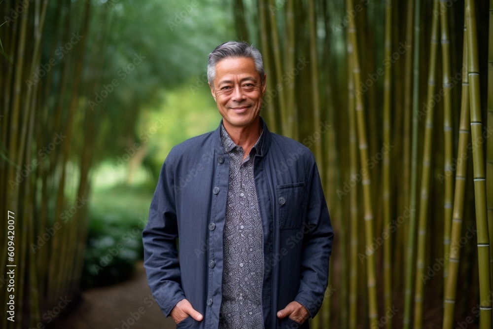 Portrait of a smiling senior man standing in the bamboo forest. Portrait of a smiling senior man standing in the bamboo forest.
