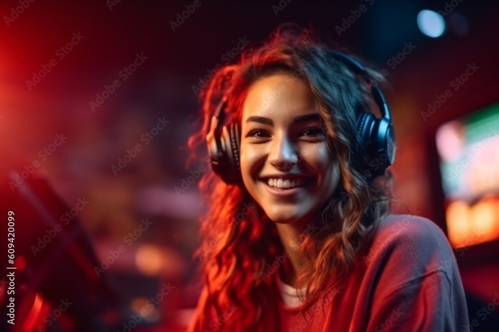 Portrait of a beautiful young woman with headphones listening to music in a nightclub