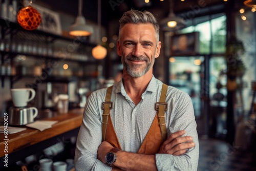 Portrait of a smiling mature man standing with arms crossed in coffee shop