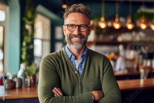 Portrait of confident mature man in eyeglasses standing in cafe