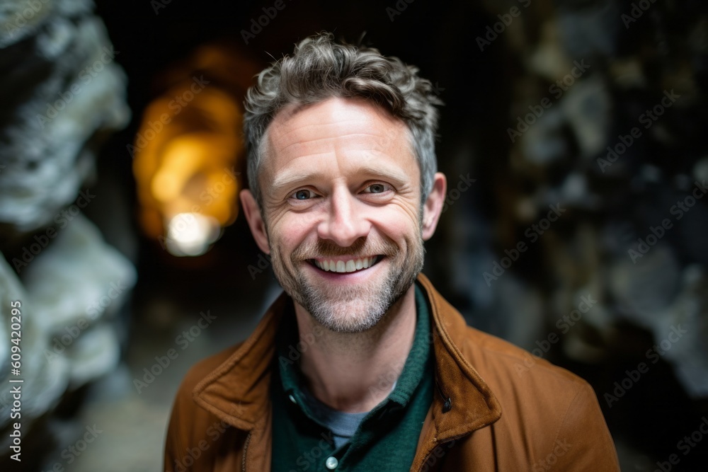 Portrait of a smiling man standing in an underground passage in a cave Portrait of a smiling man standing in an underground passage in a cave
