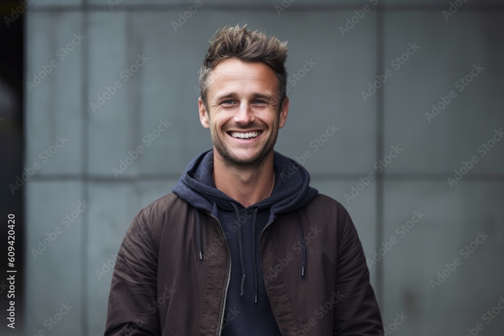 Portrait of handsome young man smiling at camera while leaning against wall outdoors Portrait of handsome young man smiling at camera while leaning against wall outdoors