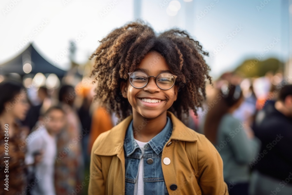 young afro american woman with curly hair and glasses at music festival