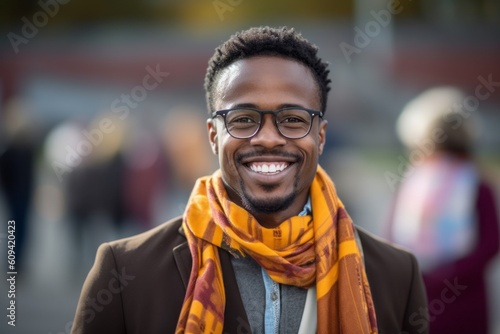 Portrait of happy african american man with glasses and scarf
