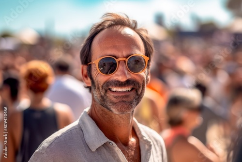 Handsome middle-aged man in orange sunglasses at music festival
