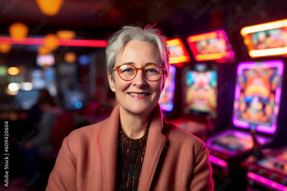 Φωτογραφία Portrait of a smiling senior woman in a casino with slot machines