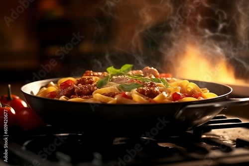Pasta Bolognese in the skillet at black table. Traditional italian food.