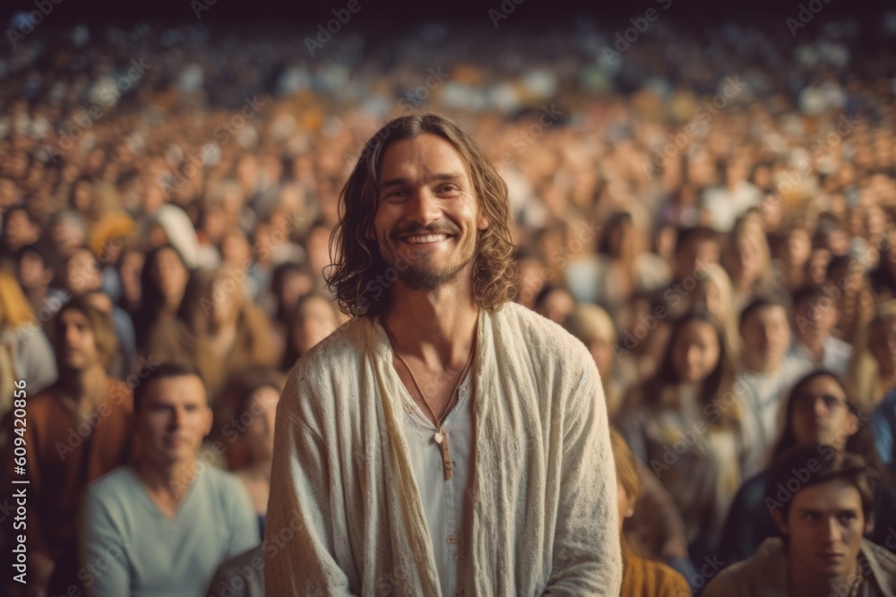 Crowd of people on concert, rear view. Handsome young man with long hair and beard in a white shirt Crowd of people on concert, rear view. Handsome young man with long hair and beard in a white shirt