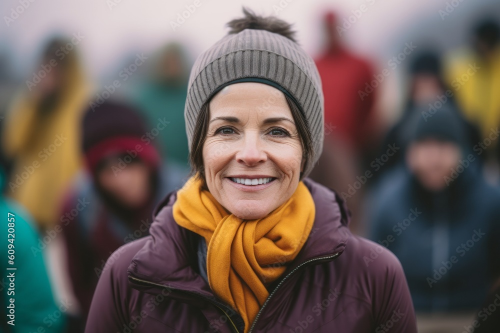Portrait of smiling woman with friends in background on a cold winter day Portrait of smiling woman with friends in background on a cold winter day
