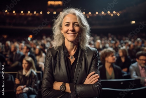 Portrait of a beautiful senior woman with gray hair in the auditorium