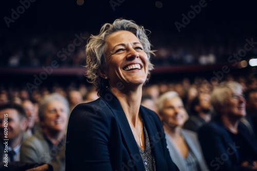Medium shot portrait photography of a pleased woman in her 50s that is wearing a classic blazer against a crowded concert hall during a live performance background . Generative AI