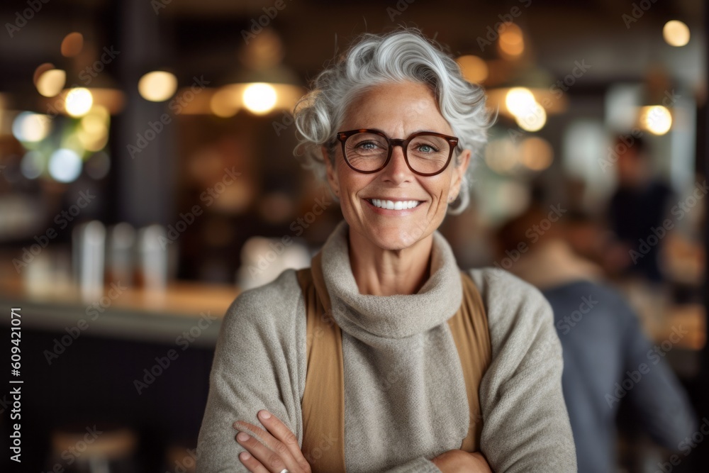 Portrait of smiling senior woman with eyeglasses in coffee shop Portrait of smiling senior woman with eyeglasses in coffee shop