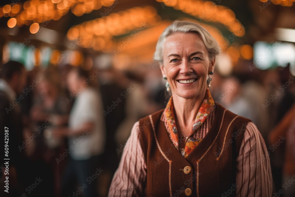 Medium shot portrait photography of a grinning woman in her 50s that is wearing a chic cardigan against a lively oktoberfest celebration with attendees in traditional attire background . Generative AI