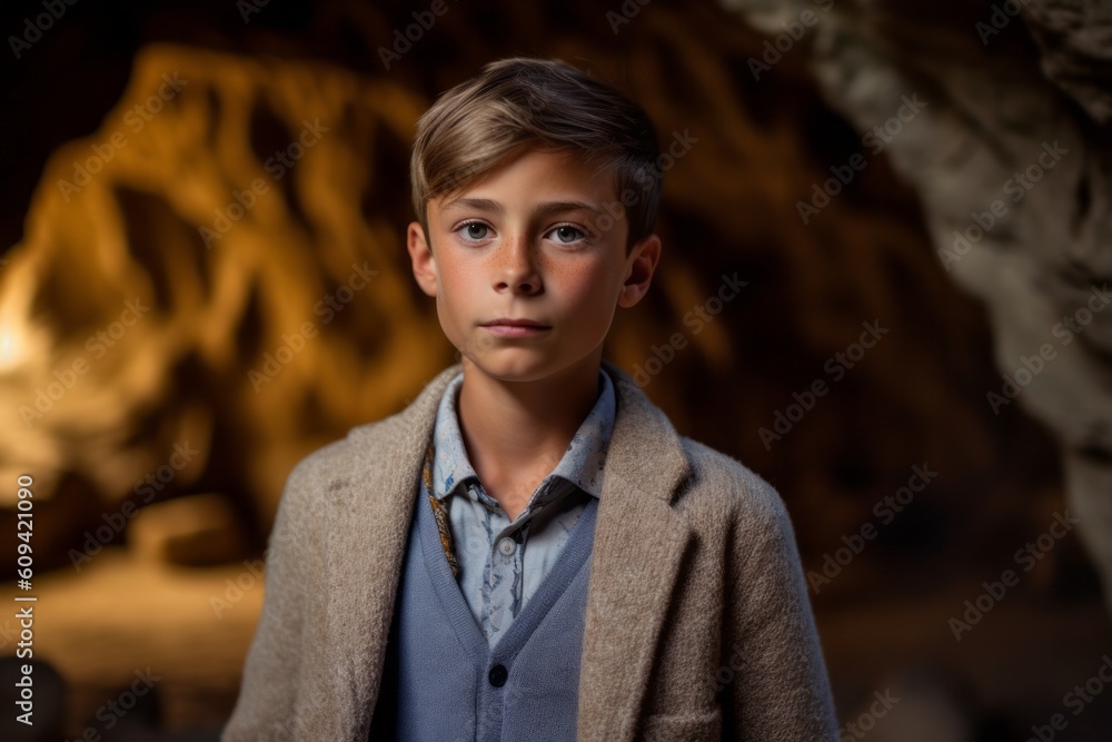 Fototapeta premium Portrait of a boy in a cave, looking at the camera