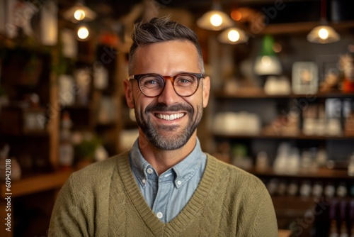 Portrait of smiling man in eyeglasses standing in coffee shop © Robert MEYNER