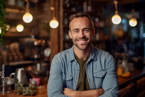 Portrait of handsome man with crossed arms standing in cafe and smiling