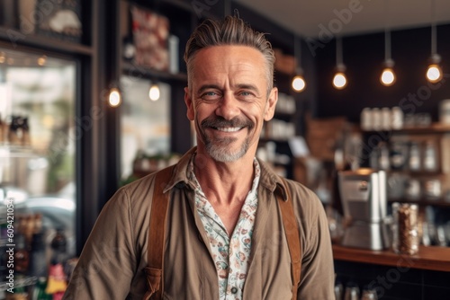 Medium shot portrait photography of a pleased man in his 40s that is wearing a trendy jumpsuit against a cozy coffee shop with baristas making drinks background . Generative AI