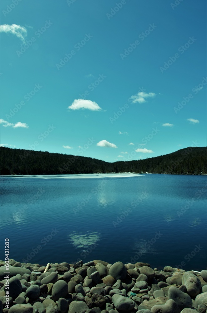 lake in the forest with a rocky shore