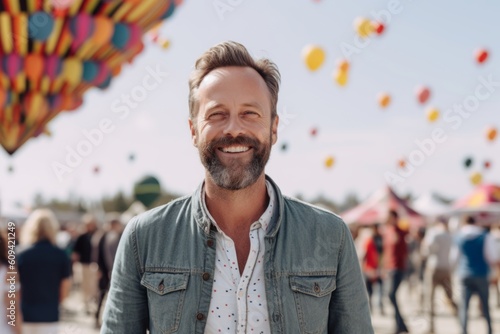 smiling man looking at camera while standing with balloons in amusement park