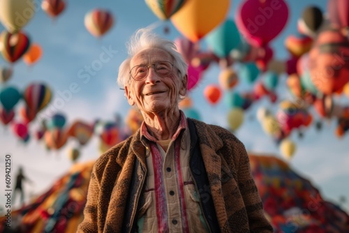 Portrait of smiling senior woman with colorful balloons at hot air balloon festival