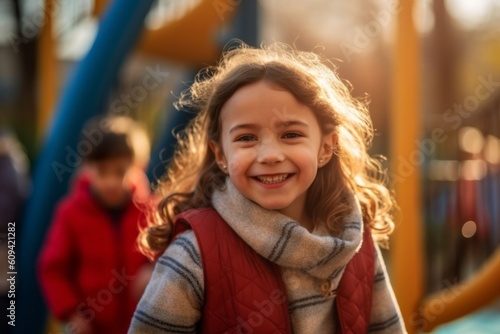 Portrait of a cute little girl smiling on the playground in autumn
