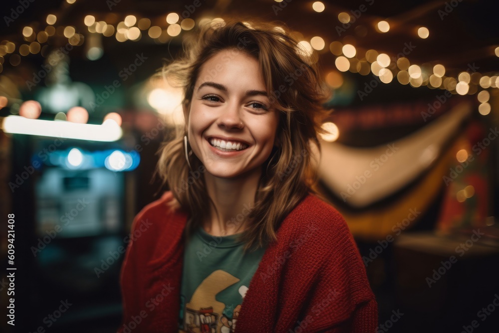 Portrait of a happy young woman smiling at the camera in a pub Portrait of a happy young woman smiling at the camera in a pub