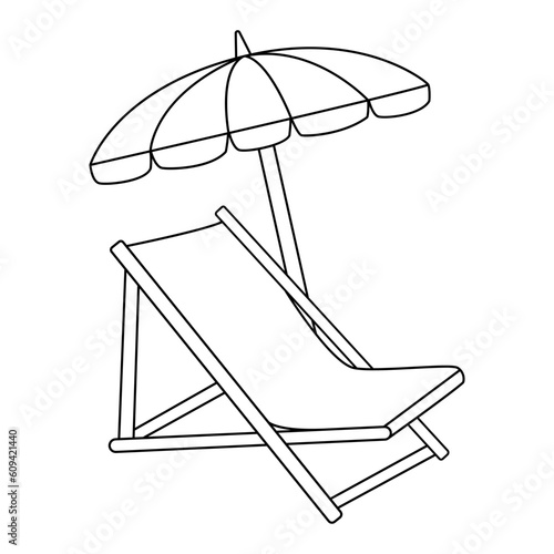 Deckchair under a Beach Umbrella for Coloring. Vacation and Travel concept. Vector illustration