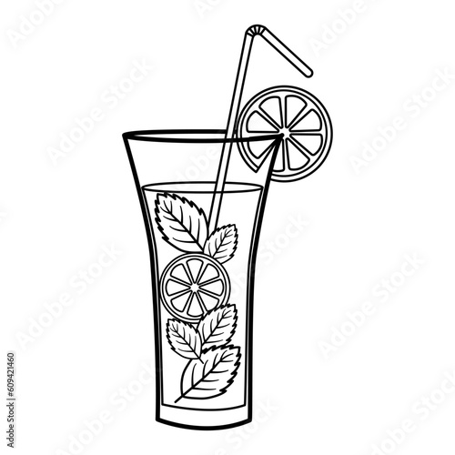 Summer Cocktail with Lemon and Mint for Coloring Page. Vector Illustration of Refreshing Drink with Straw and Ice Pieces