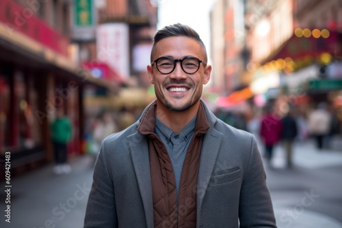 Portrait of young handsome Indian businessman with eyeglasses in Chinatown