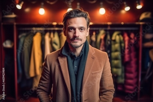 Portrait of a handsome young man wearing a coat in a clothing store