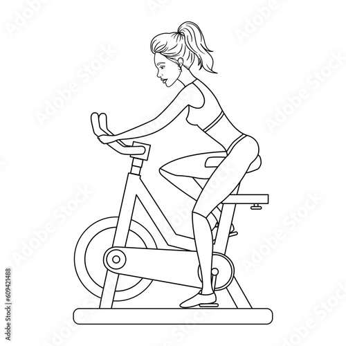 Young Woman Exercising on an Exercise Bike for Coloring. Healthy lifestyle. Vector illustration. Sports and Fitness