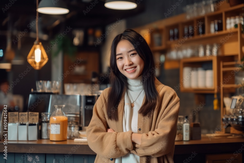 portrait of young asian woman smiling with arms crossed in coffee shop