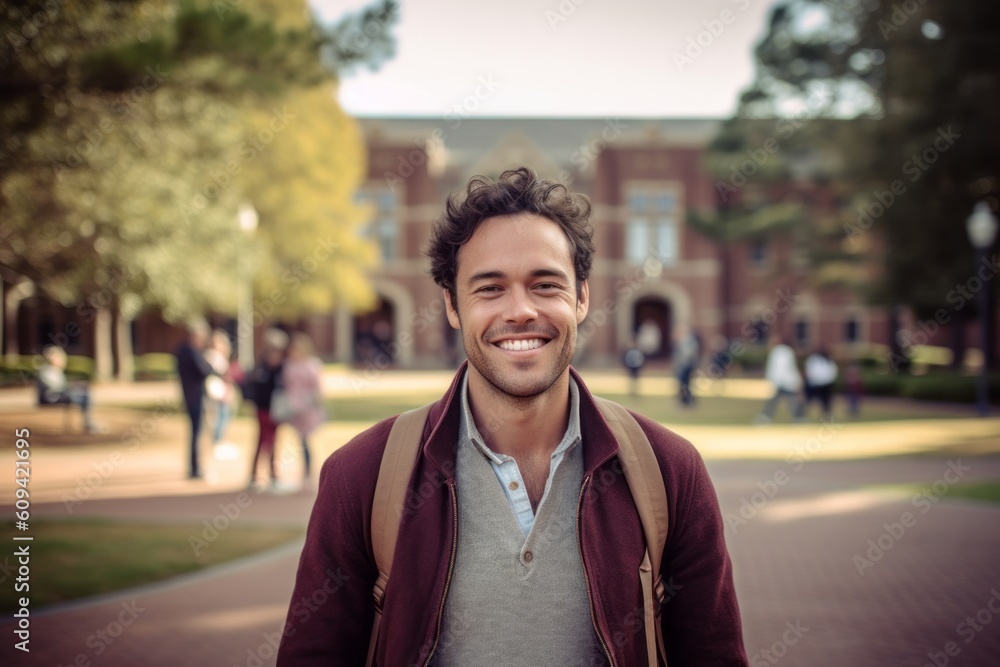 Medium shot portrait photography of a pleased man in his 30s that is wearing a chic cardigan against a lively college campus during a sports event background . Generative AI Medium shot portrait photography of a pleased man in his 30s that is wearing a chic cardigan against a lively college campus during a sports event background . Generative AI