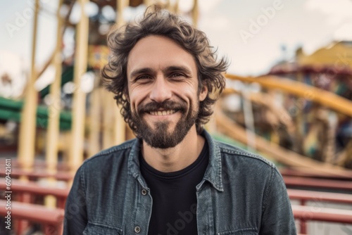 Portrait of handsome man with curly hair smiling at camera in amusement park