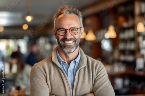 Portrait of smiling mature man with eyeglasses in coffee shop
