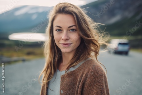 Beautiful woman on the road in Iceland looking at camera and smiling