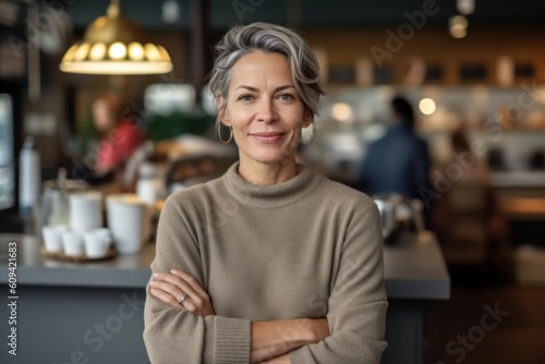 Portrait of smiling mature woman standing with arms crossed in coffee shop