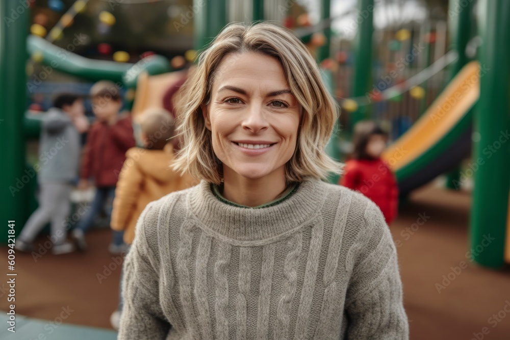 Portrait of smiling woman in sweater looking at camera while children playing on background Portrait of smiling woman in sweater looking at camera while children playing on background