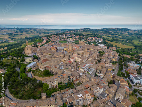 Italy, June 02, 2023: aerial view of the beautiful medieval village of Potenza Picena. The village is located on the Marche hills in the province of Macerata