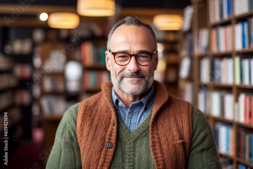 Portrait of a senior man wearing glasses and a scarf in a library