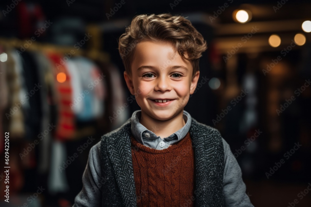Portrait of smiling little boy in coat looking at camera in store Portrait of smiling little boy in coat looking at camera in store