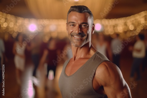 Handsome middle aged man smiling at camera while standing in gym