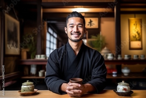 Handsome young Asian man drinking tea in a Japanese tea house