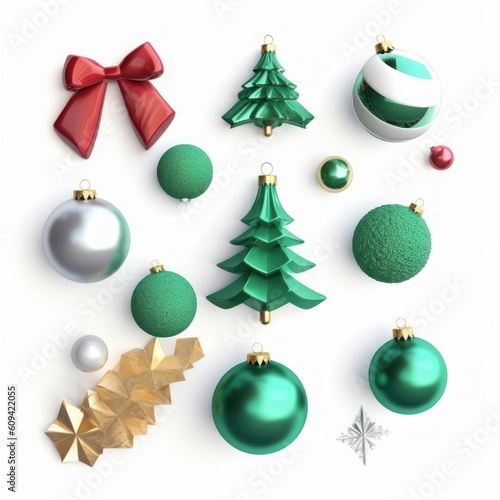 3d render  collection of assorted Christmas ornaments  festive clip art isolated on white background. Set of design elements  Generative AI