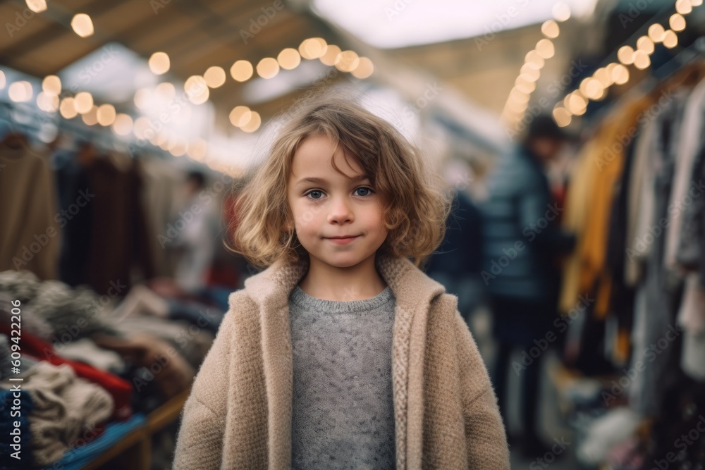 Portrait of a little girl with blond hair in a coat at the fair Portrait of a little girl with blond hair in a coat at the fair
