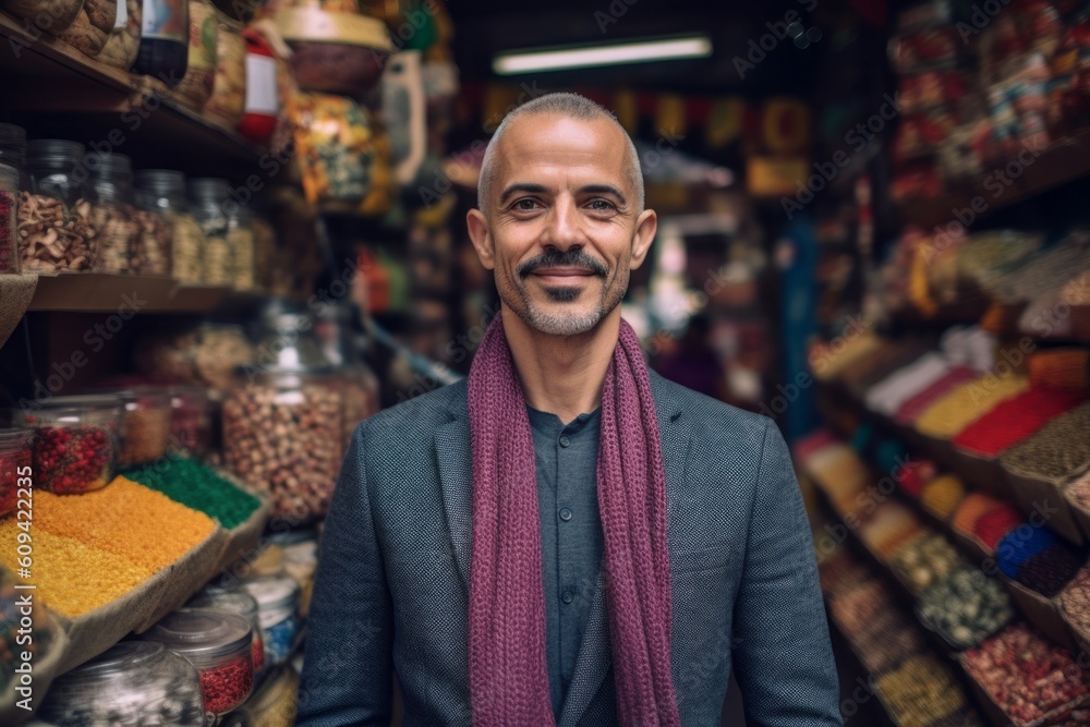 Portrait of a smiling middle-aged man in a market.