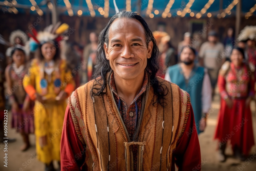 Medium shot portrait photography of a grinning man in his 40s that is wearing a chic cardigan against a traditional native american pow-wow with dancers and drummers background . Generative AI