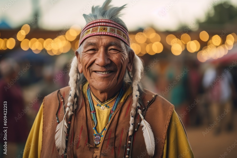 Obraz premium Medium shot portrait photography of a satisfied man in his 50s that is wearing hijab against a traditional native american pow-wow with dancers and drummers background . Generative AI
